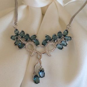 London Blue Topaz  and White Cz Sterling Silver Necklace 925